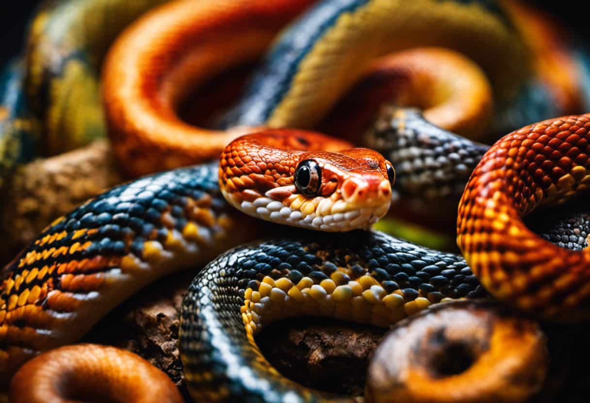 An image showcasing a vibrant, realistic depiction of a corn snake, in full striking position, eyeing a colorful assortment of fish species, highlighting the potential suitability of fish as a food source for corn snakes