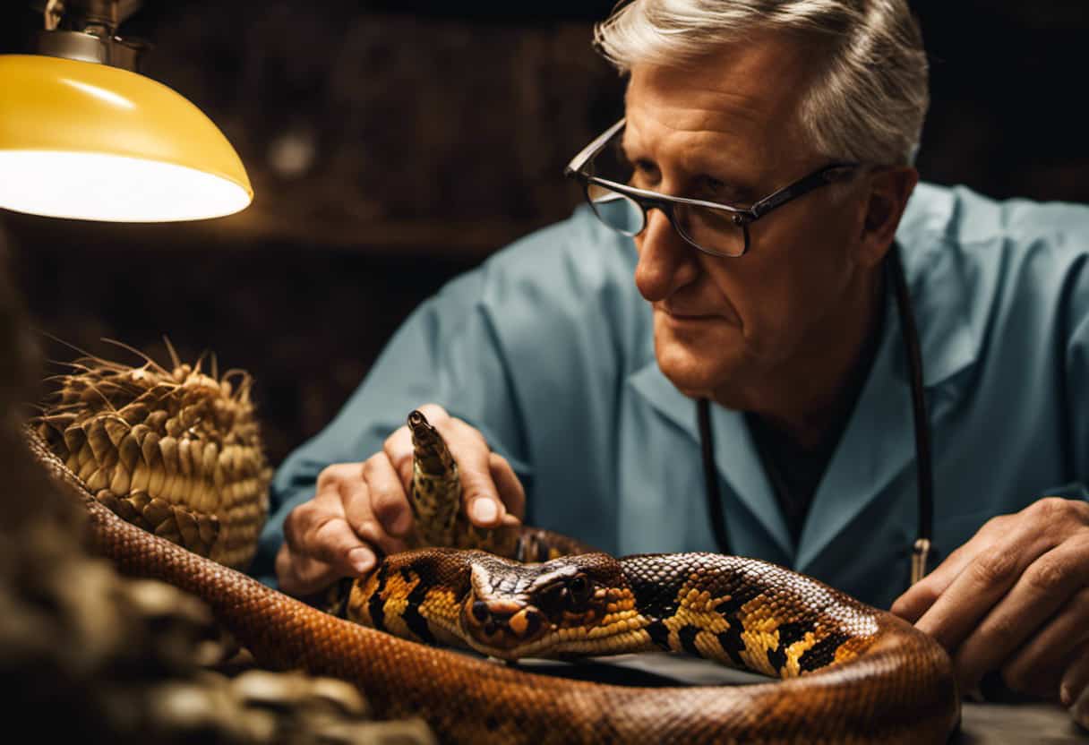 An image showcasing a reptile veterinarian examining a corn snake's diet