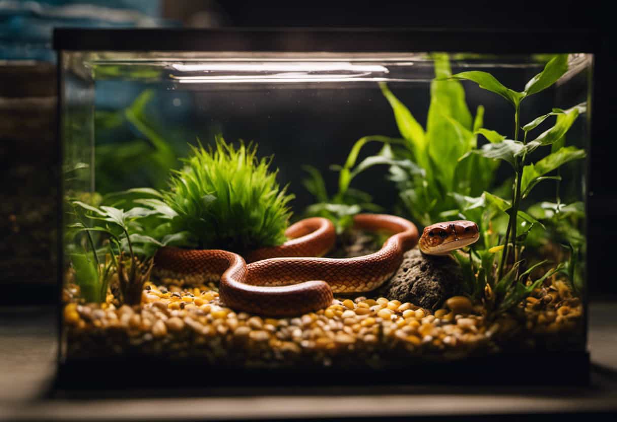 An image showcasing a corn snake habitat with a glass terrarium containing a shallow water dish, a variety of fish species, and a temperature and humidity gauge for readers to understand the essential factors when offering fish to corn snakes