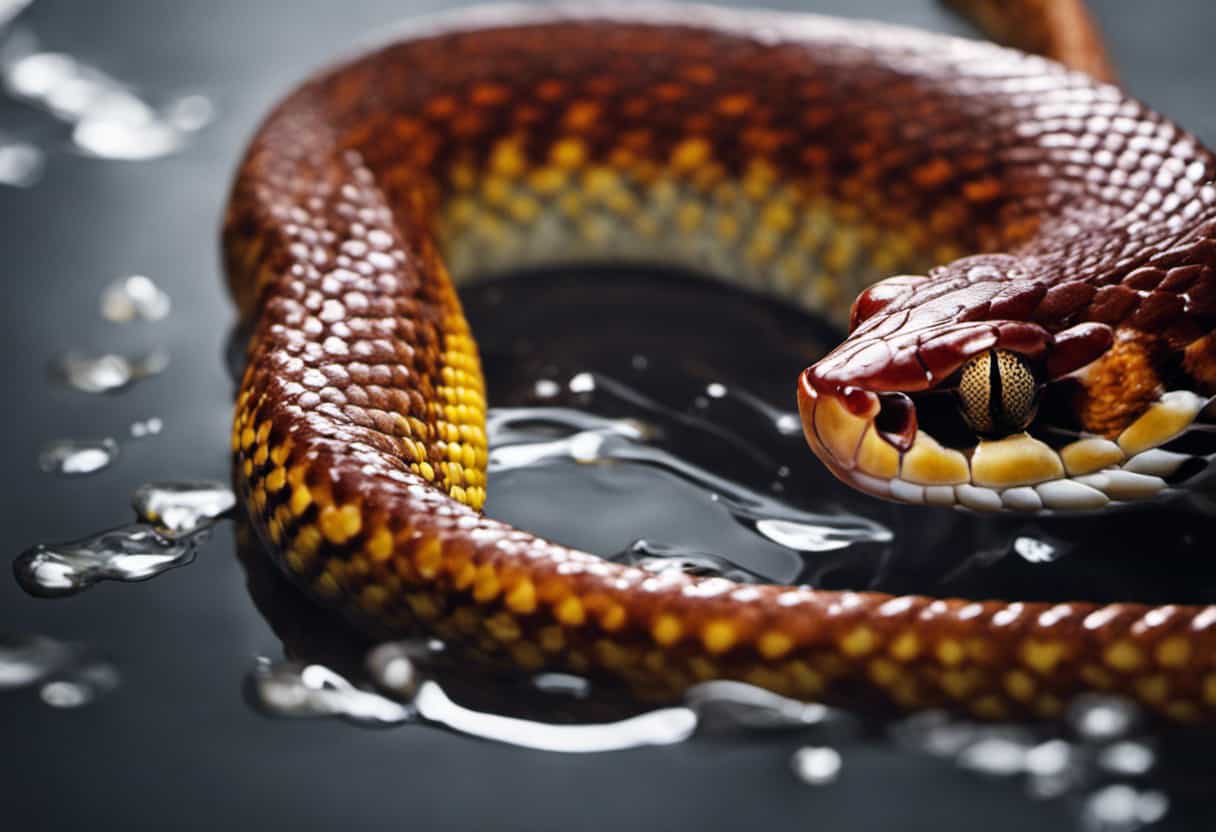 An image illustrating a corn snake's meal preparation process: a freshly caught fish lies on a clean surface, scales shimmering under a gentle water spray, as a pair of gloved hands delicately remove any bones