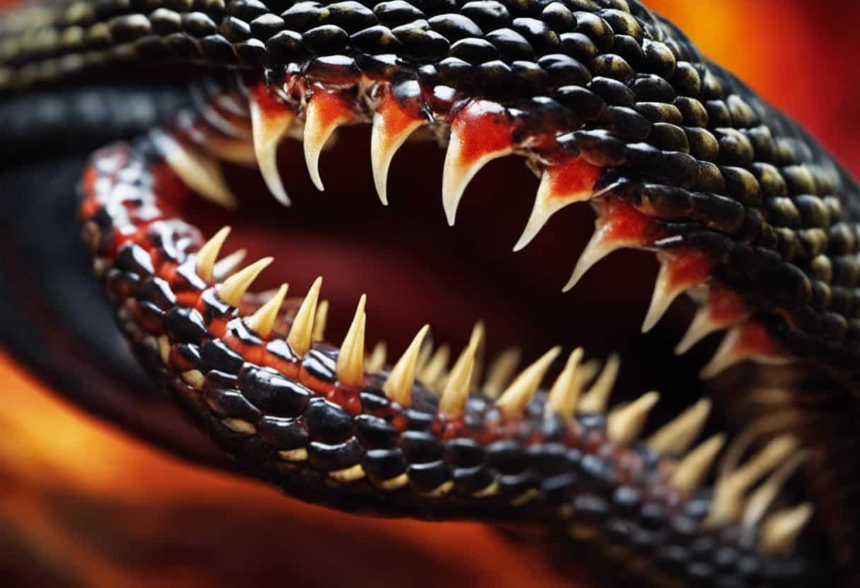An image showcasing the intricate anatomy of a garter snake bite: a close-up of sharp, curved fangs piercing human skin, with venom glands highlighted, excreting venom into the bloodstream, causing local tissue damage