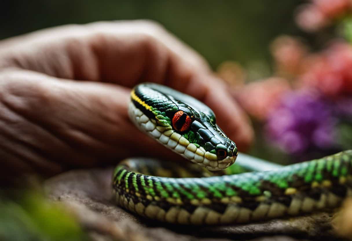 E of a person's hand gently holding a garter snake, showcasing the snake's vibrant colors and calm demeanor