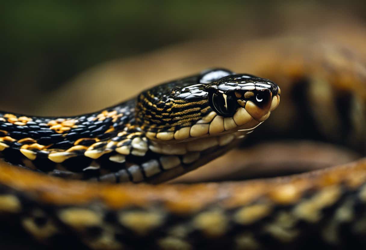 An image that showcases a close-up view of a garter snake's fangs, dripping with translucent venom, as it prepares to strike