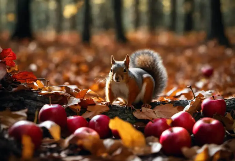 An image showcasing a vibrant red apple lying on a forest floor, surrounded by fallen leaves and a curious squirrel perched nearby, nibbling on a slice of apple with their tiny paws