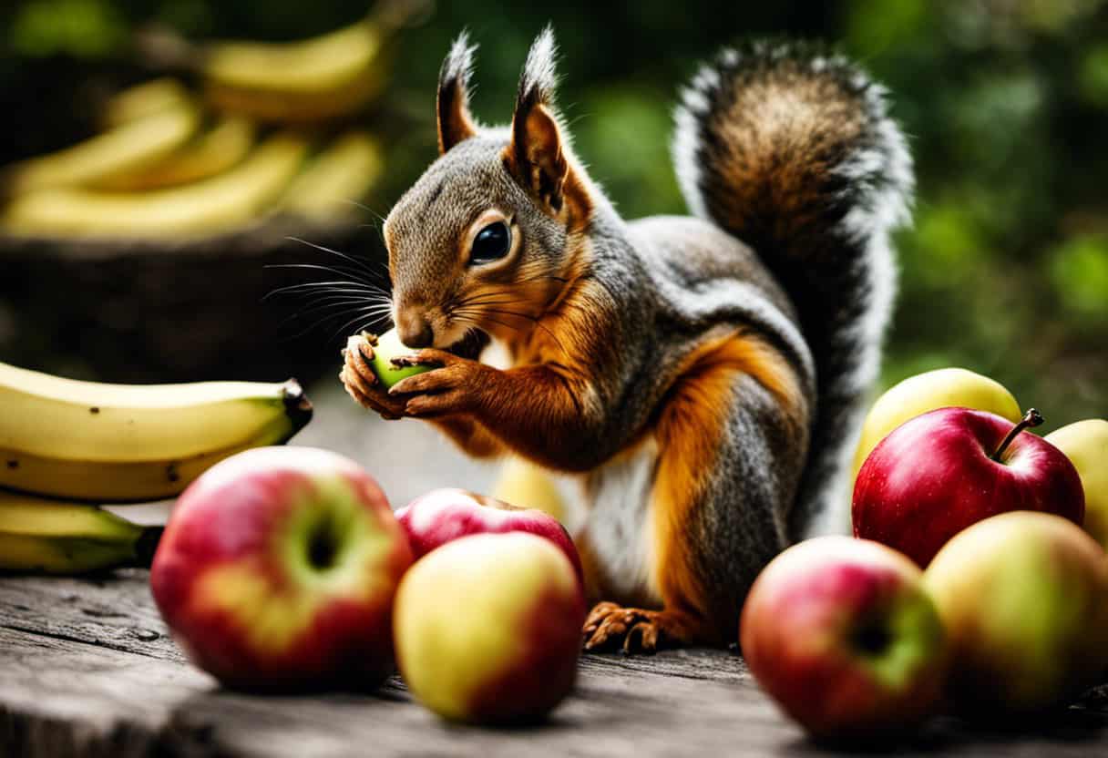 An image showcasing a squirrel nibbling on a juicy apple while surrounded by a pile of bananas