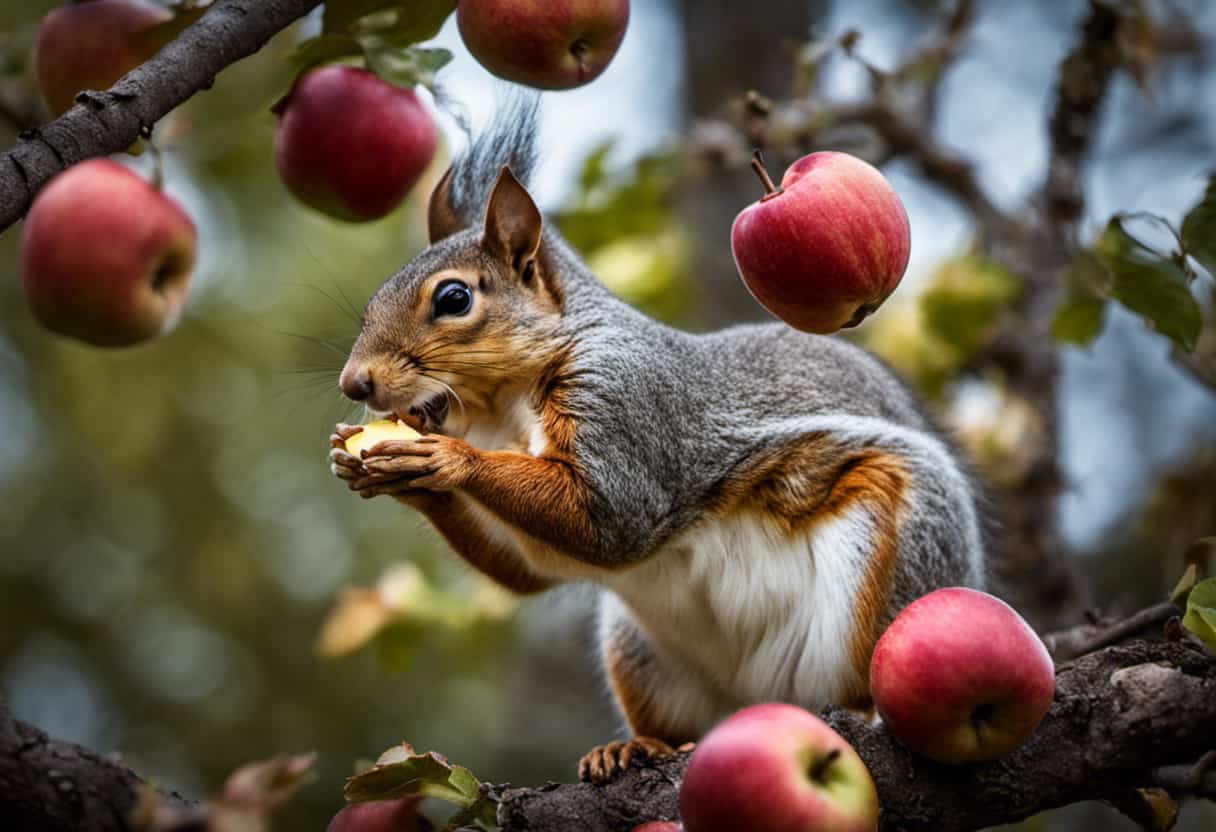 An image capturing the impressive climbing ability of squirrels on apple trees