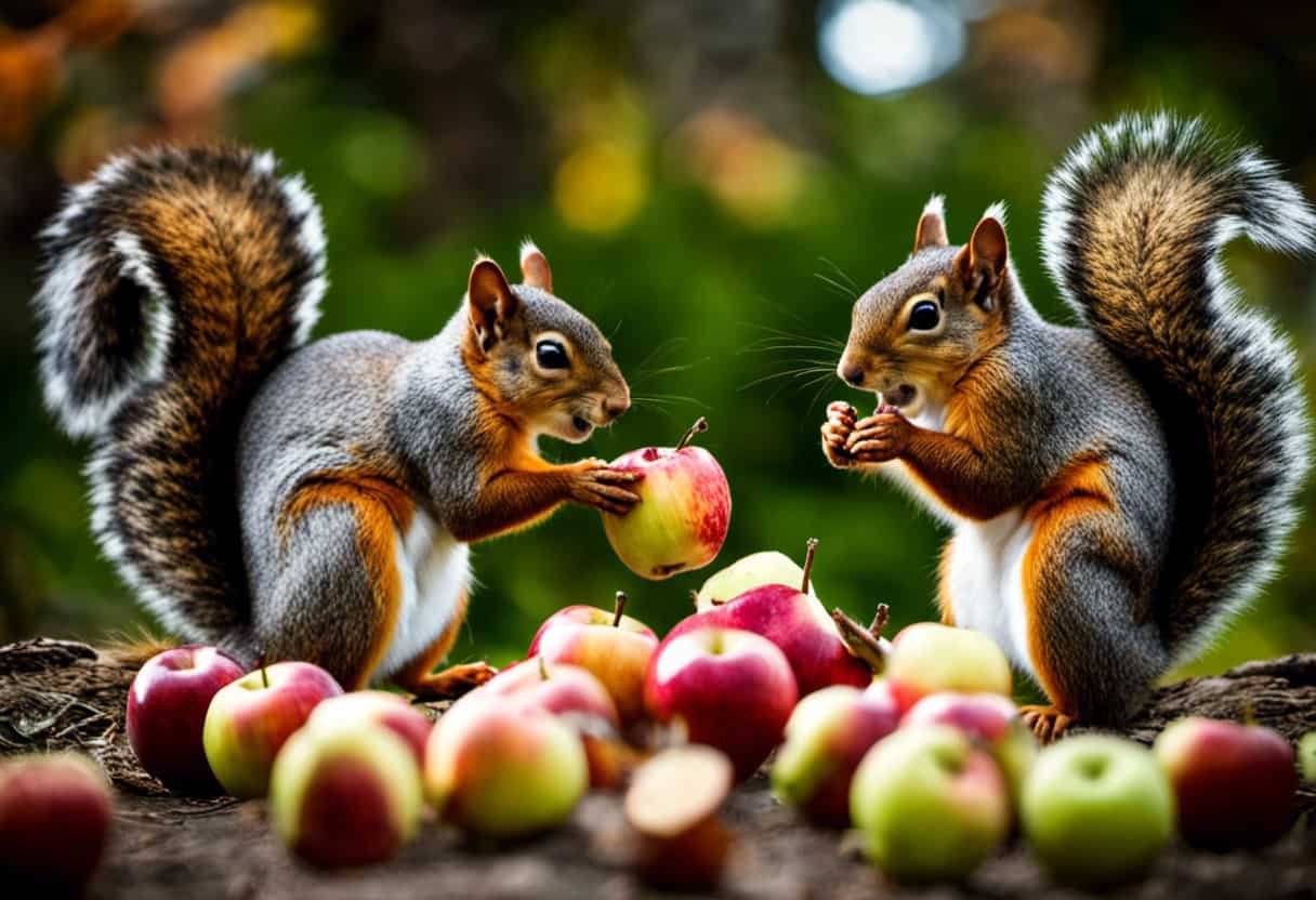 An image showcasing three distinct types of squirrels happily munching on juicy apples