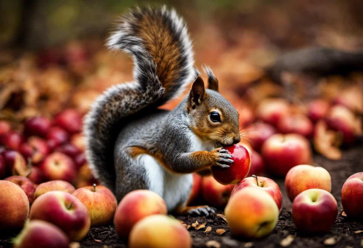 An image showcasing a squirrel nibbling on a juicy apple while surrounded by discarded apricot and cherry pits, highlighting their preference for apples and potential disregard for other fruit pits