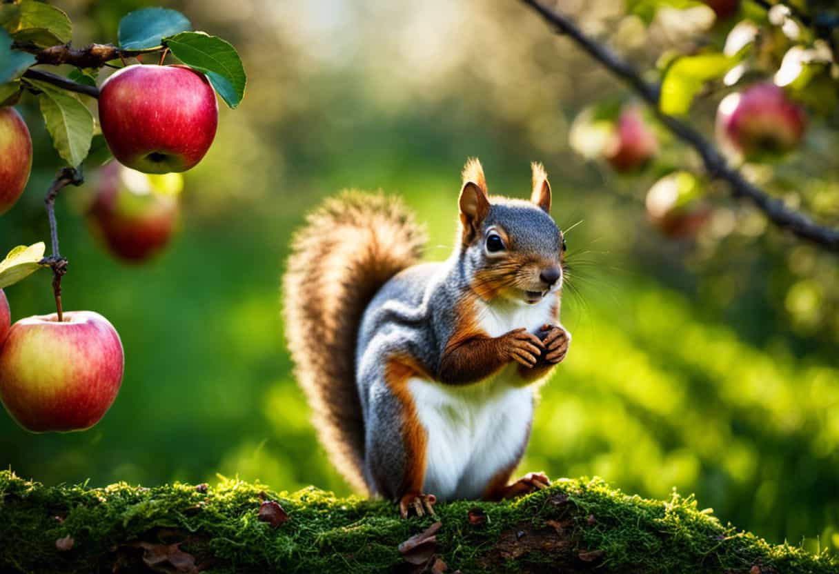 An image showcasing a vibrant, lush apple orchard with a playful squirrel perched on a branch, eagerly nibbling on a crisp apple