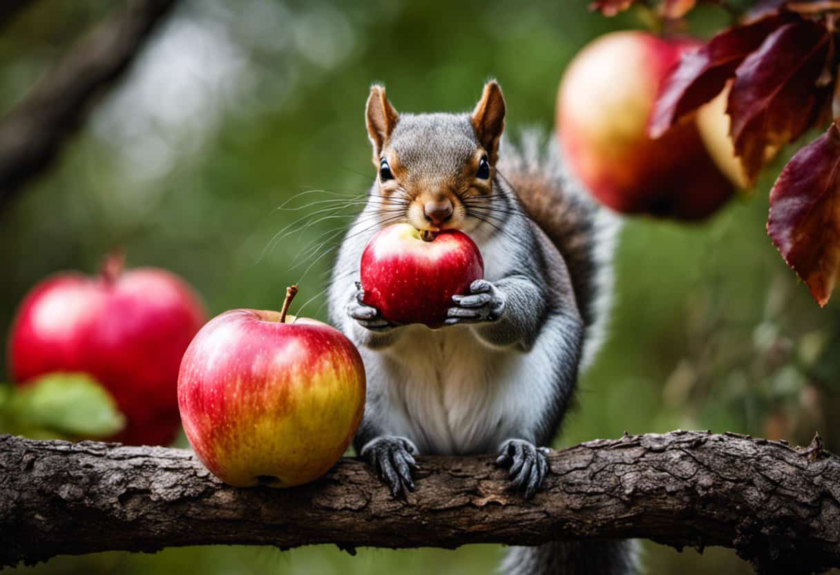 An image showcasing a lively squirrel perched on a tree branch, eagerly nibbling on a juicy red apple