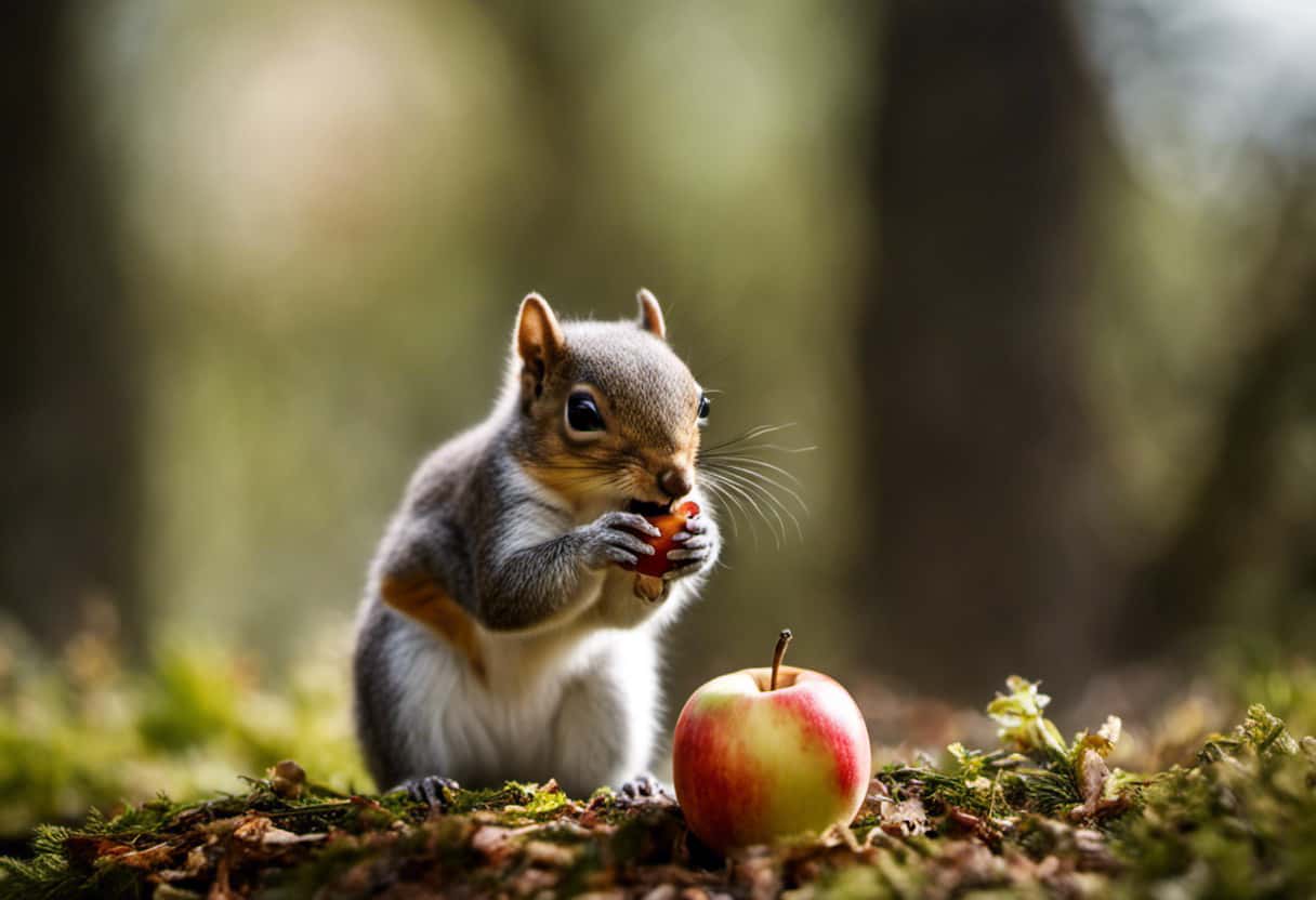 An image featuring a close-up shot of a baby squirrel nibbling on a small, sliced apple held gently by a human hand