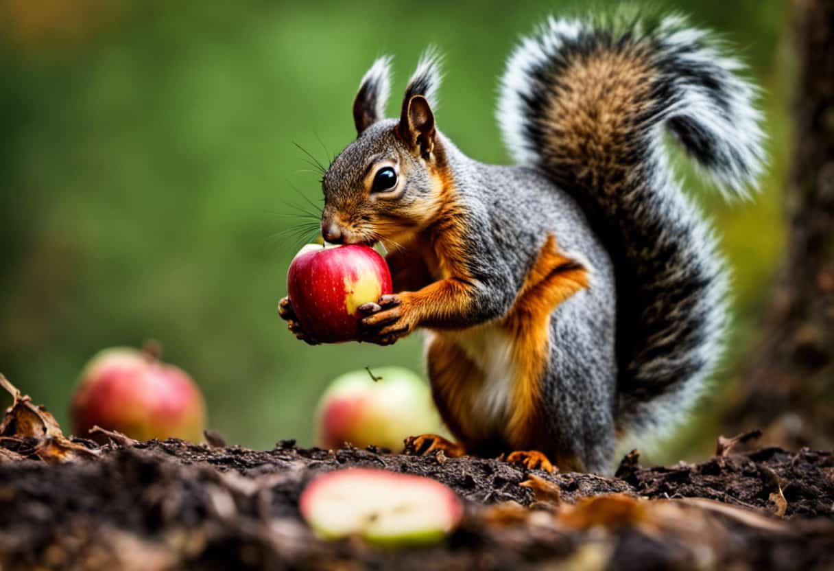 An image showing a close-up of a squirrel cautiously sniffing a rotting apple, its sharp claws gripping the decaying fruit