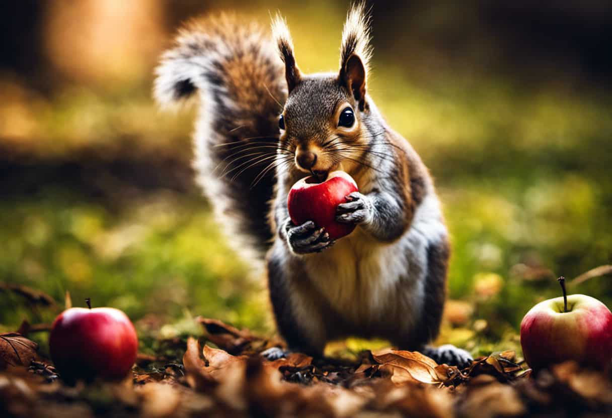 An image of a squirrel holding a juicy apple in its paws, meticulously nibbling on the flesh while a discarded apple core, with seeds removed, lies nearby