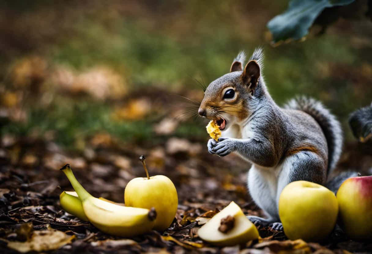 An image depicting a squirrel nibbling on an apple, while another squirrel curiously inspects a banana peel nearby