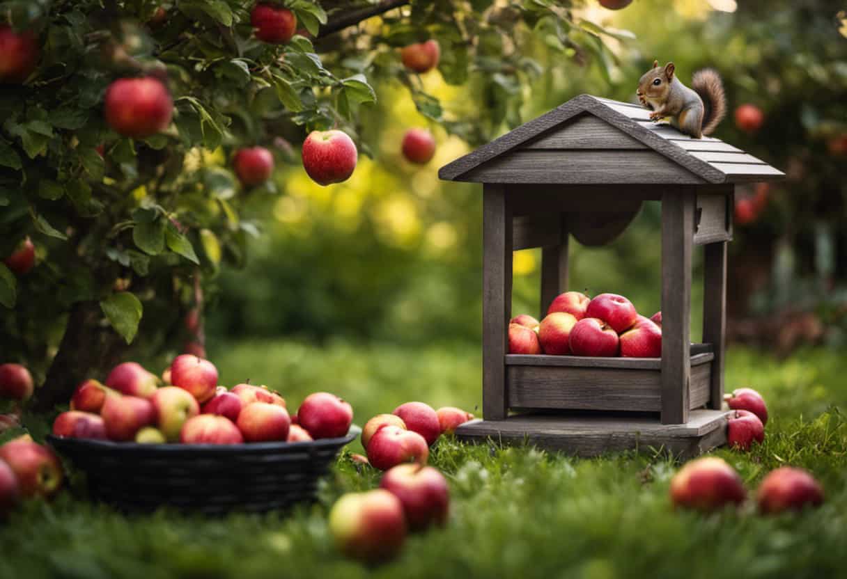 An image showcasing a squirrel feeder filled with juicy red apples, surrounded by a vibrant garden