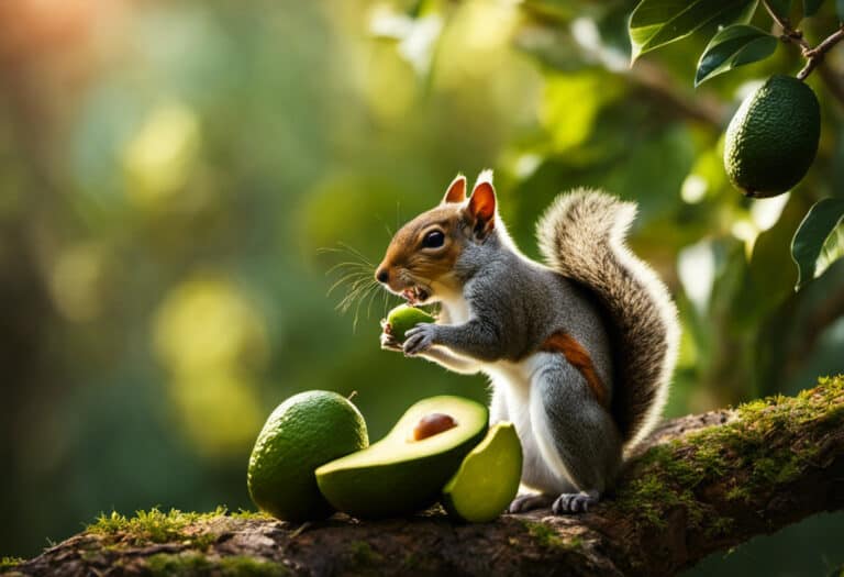 An image showcasing a vibrant, leafy avocado tree with squirrels playfully nibbling on ripe avocados, their tiny paws holding the fruit while their fluffy tails sway in the background