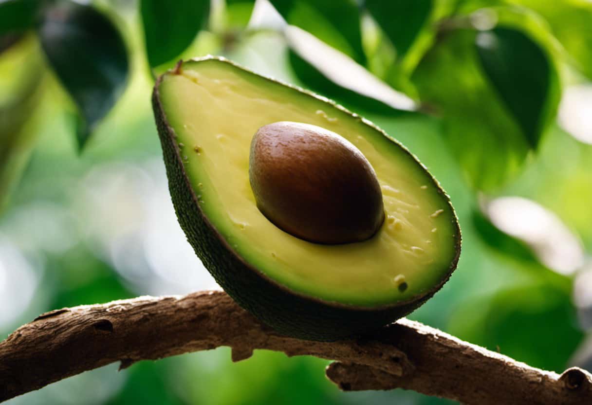 An image showcasing a vibrant green avocado, sliced open to reveal its creamy flesh, delicately balanced on a tree branch