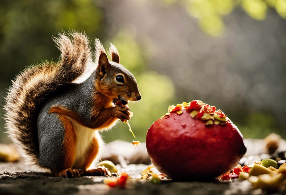 An image showing a squirrel nibbling on a ripe avocado, while nearby, discarded peels and pits are marked with a red "X