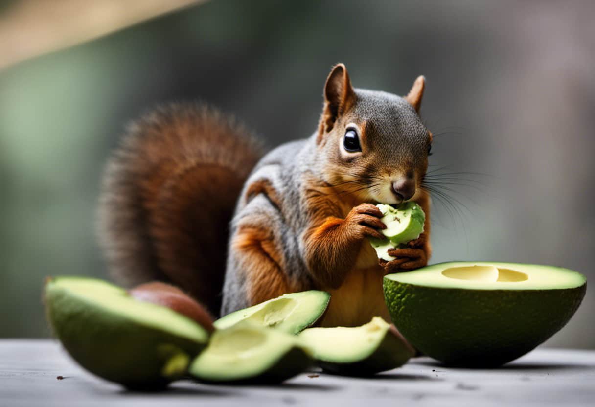 An image showcasing a squirrel perched on a branch, cautiously nibbling on a slice of avocado, while a pile of discarded avocado skins lies nearby, highlighting the safety concerns surrounding avocados for squirrel consumption