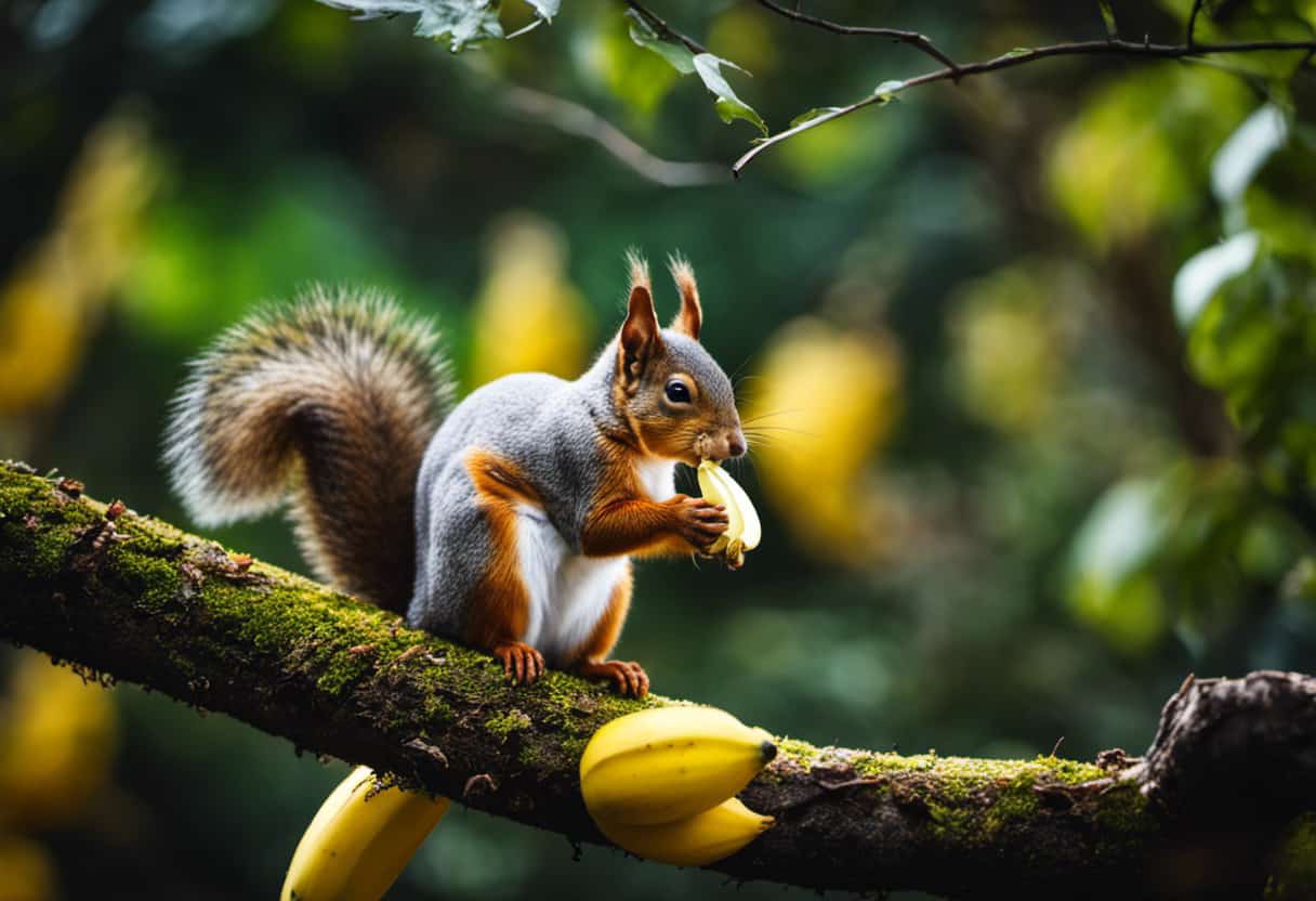 An image showcasing a lush woodland scene with a playful squirrel perched on a tree branch, eagerly nibbling a peeled banana, while foliage and scattered banana peels hint at the tips for feeding squirrels in the wild