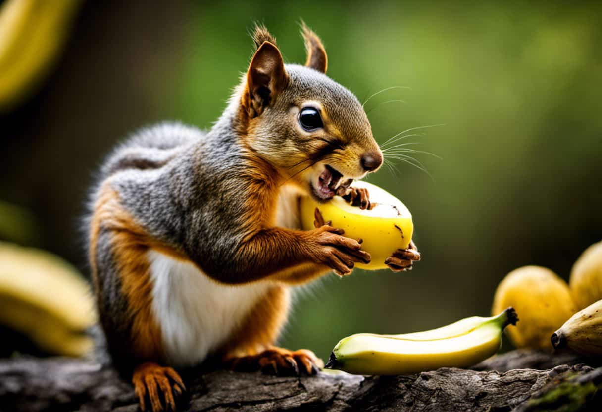 An image showcasing a vibrant squirrel nibbling on a ripe banana, capturing the moment of pure delight on its face