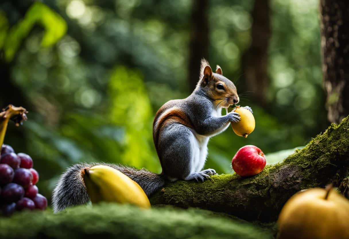 An image showcasing a variety of vibrant fruits in a lush forest setting