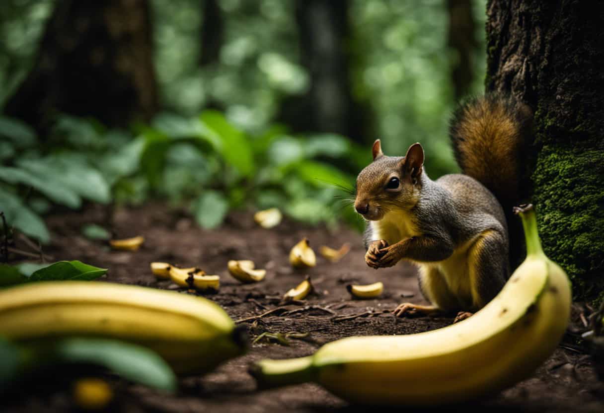 An image showcasing a lush green forest floor, scattered with ripe yellow bananas