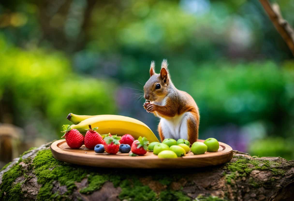 An image showcasing a vibrant green park, with a curious squirrel perched on a tree branch, eagerly nibbling on a banana slice served on a tiny wooden plate, surrounded by a colorful assortment of other squirrel-friendly fruit treats