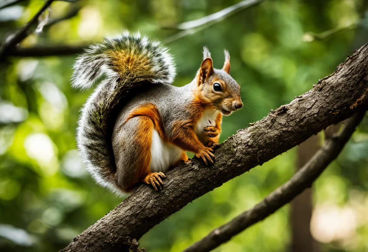 An image showcasing a curious squirrel perched on a tree branch, cautiously nibbling on a ripe banana in its tiny paws