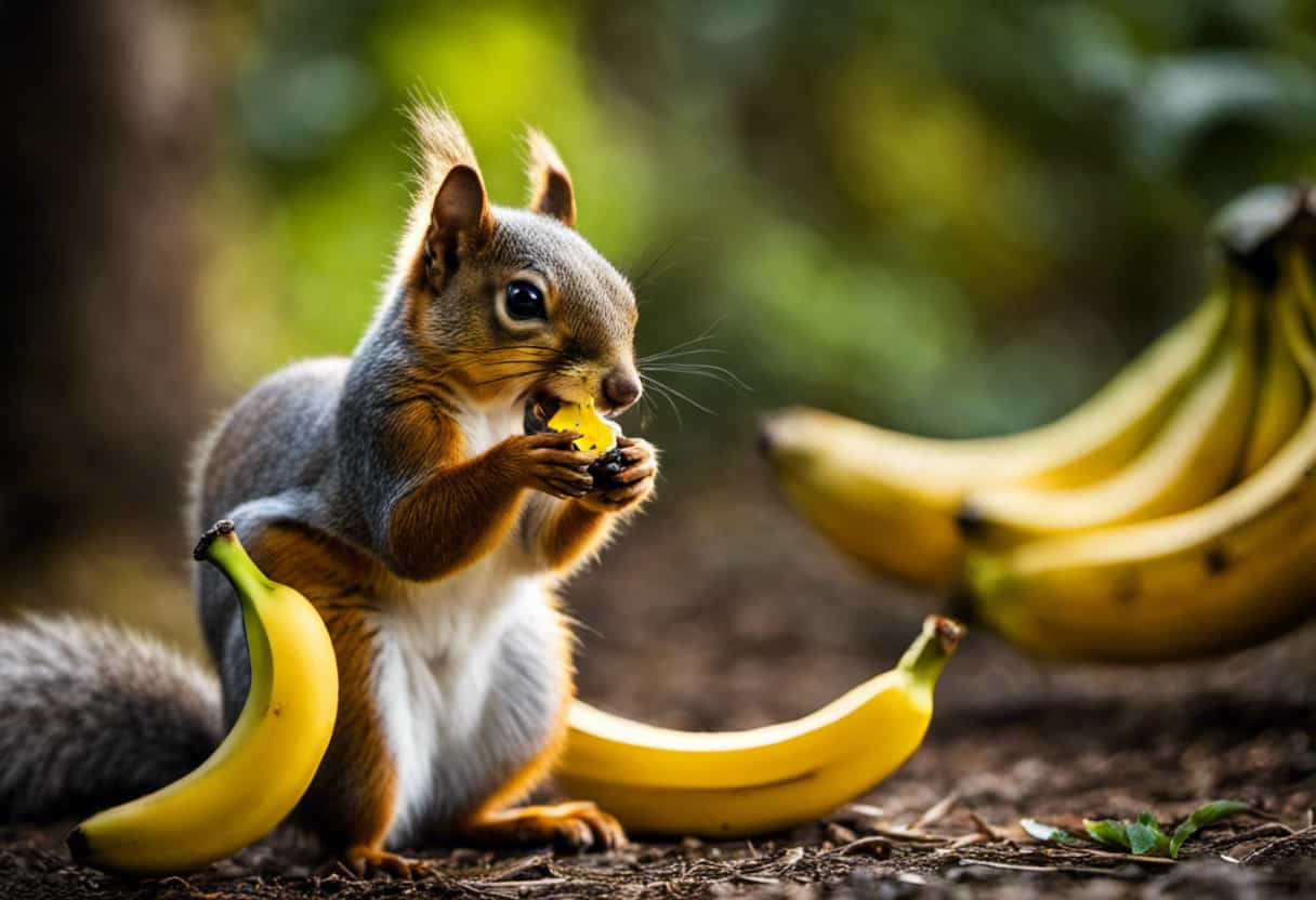 An image showcasing a curious squirrel cautiously nibbling on a ripe banana, capturing the potential dangers