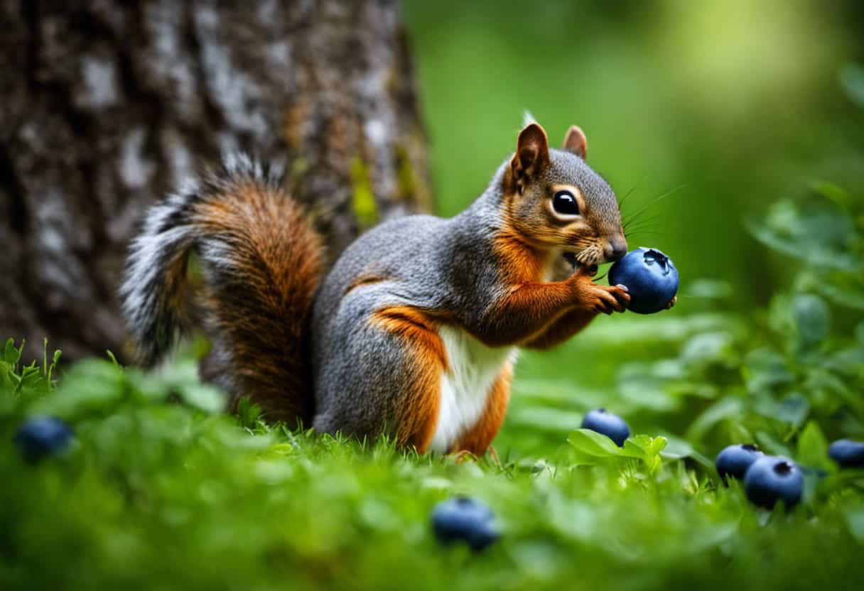 An image showcasing a squirrel delicately holding a ripe blueberry in its tiny paws, surrounded by a lush green background