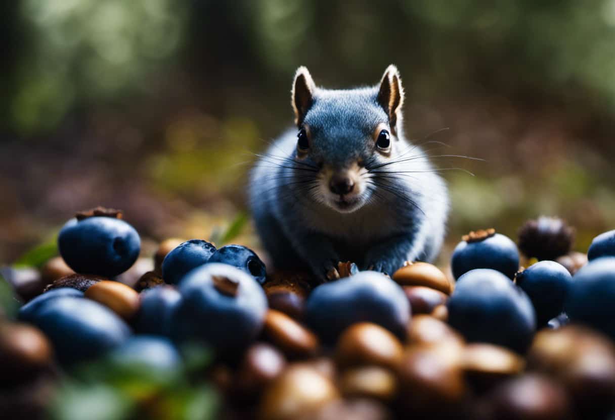 An image showcasing a vibrant pile of plump blueberries, surrounded by a scattering of scattered acorns and a curious squirrel with bright eyes and a bushy tail, poised to taste the nutritious bounty