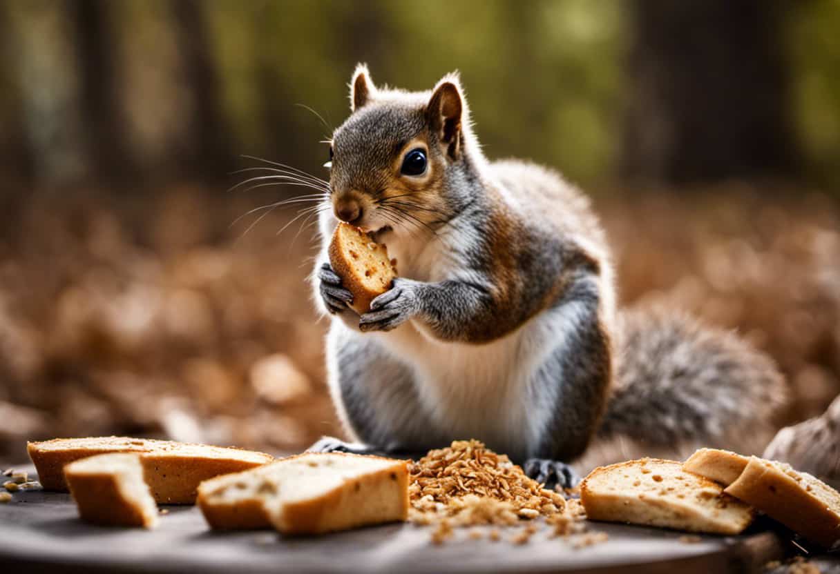An image showcasing a squirrel with a distressed expression, clutching its stomach, surrounded by scattered bread crumbs