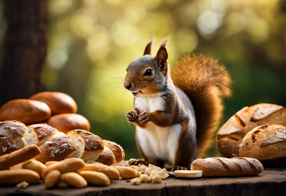 An image showcasing a squirrel surrounded by a variety of bread types including baguette, sourdough, and rye, highlighting the misconception that squirrels can consume bread, capturing their inability to digest it