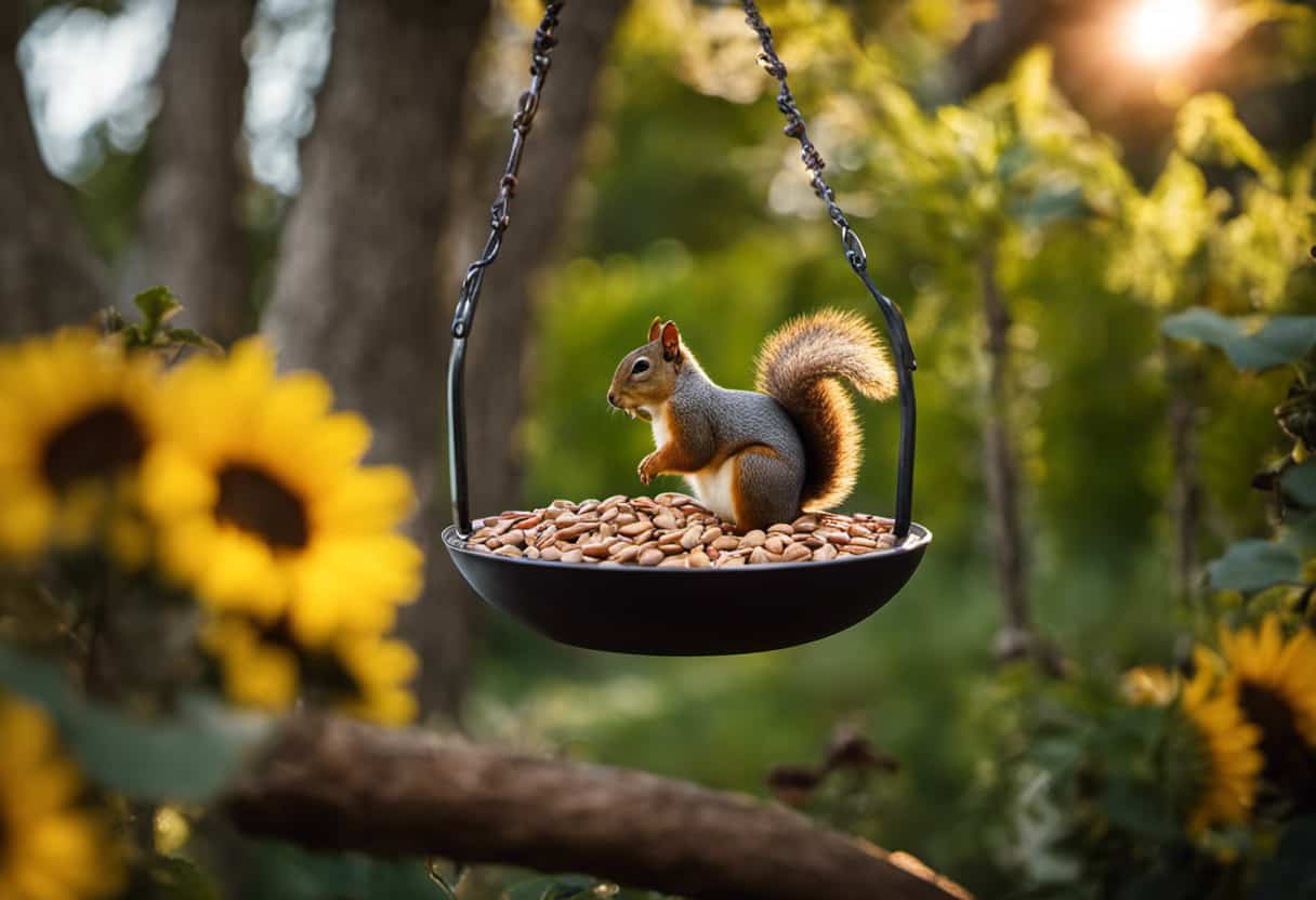 An image showcasing a backyard scene with a variety of squirrel-friendly attractions: a wooden feeder filled with nuts, a water basin, hanging sunflower seeds, and a lush tree with branches perfect for acrobatic play