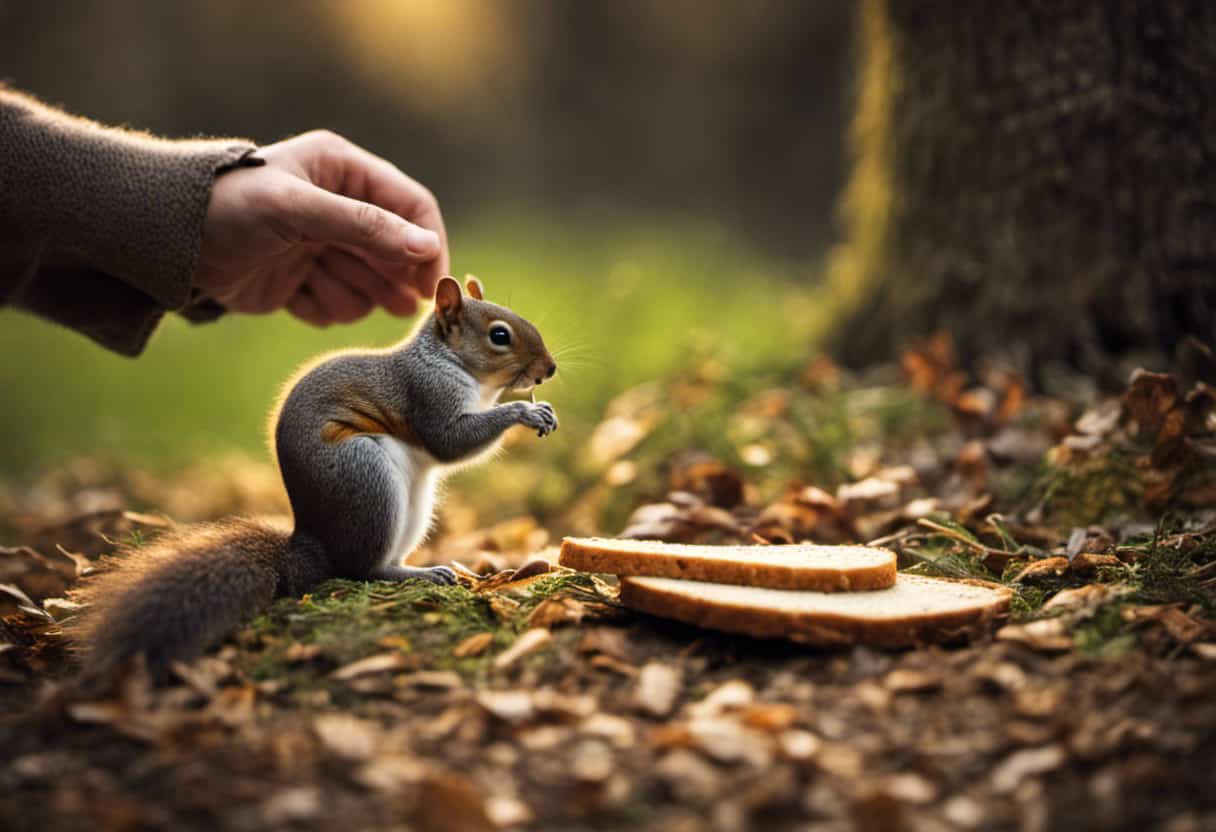 An image of a hand gently offering a small piece of whole grain bread to a curious squirrel, showcasing the proper technique for safely feeding bread to squirrels