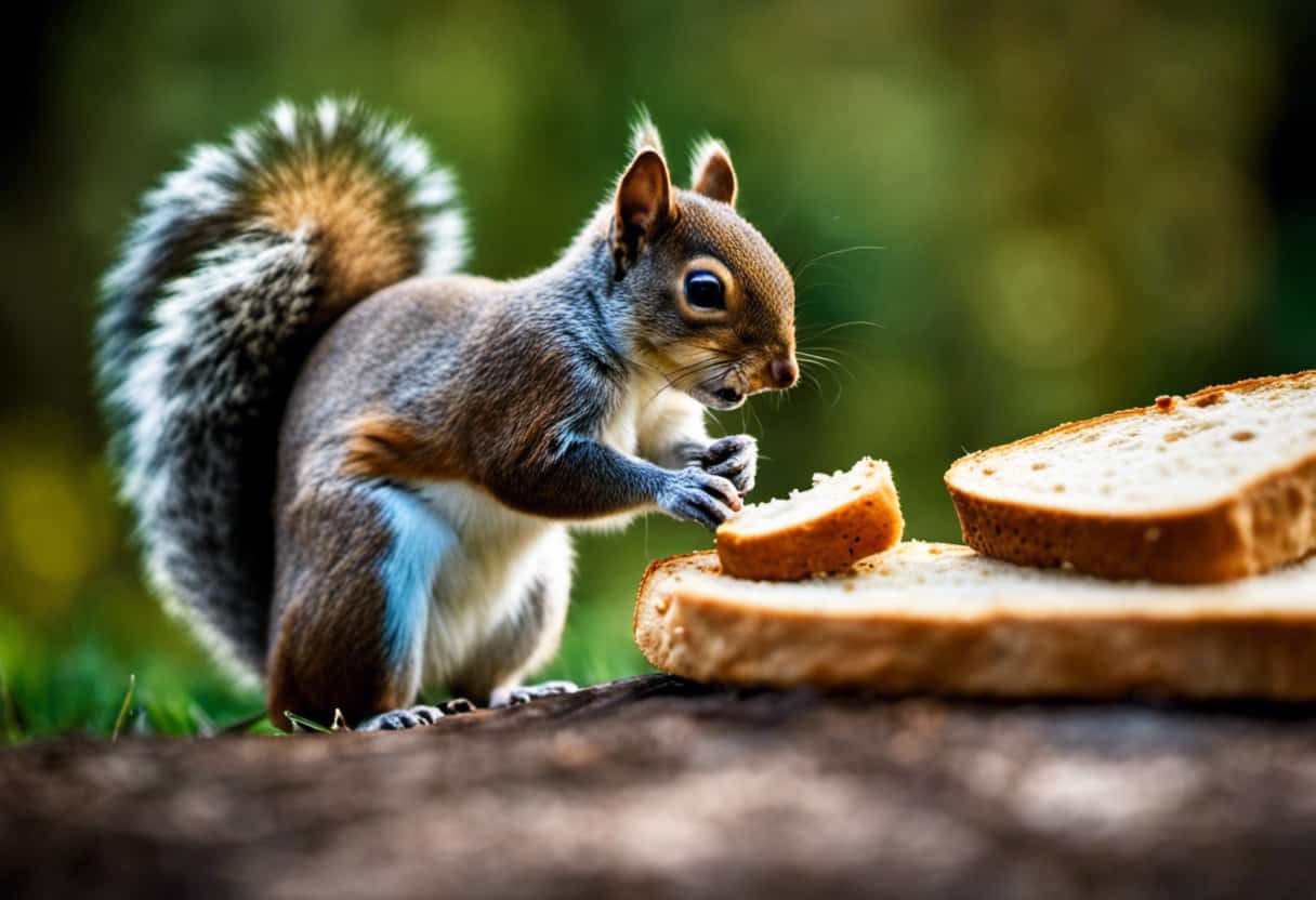 An image of a curious squirrel nibbling on a small piece of bread, showcasing the vibrant colors of the surrounding environment