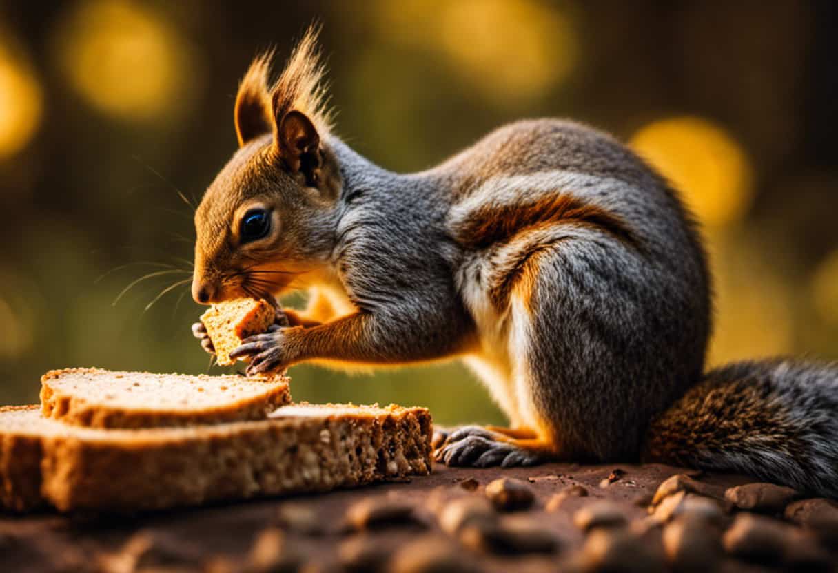 An image showing a vibrant, close-up shot of a squirrel nibbling on a piece of whole grain bread, capturing the intricate texture of the bread crust and the squirrel's delicate paws