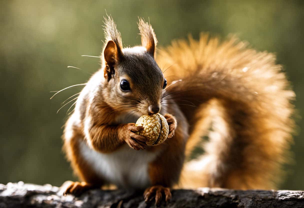 An image of a curious squirrel holding a cashew, showcasing its plump body and glossy fur