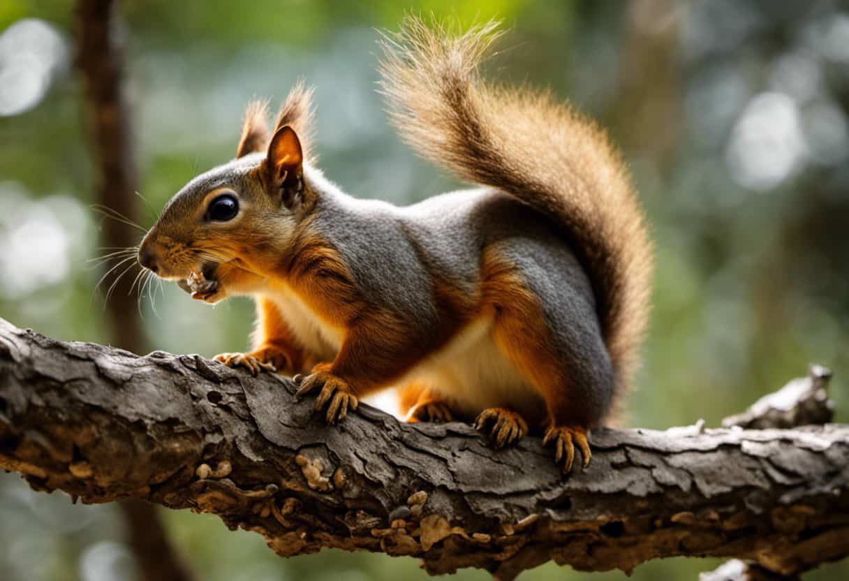 An image showcasing a squirrel perched on a branch, intently nibbling on a cashew while surrounded by a pile of discarded cashews