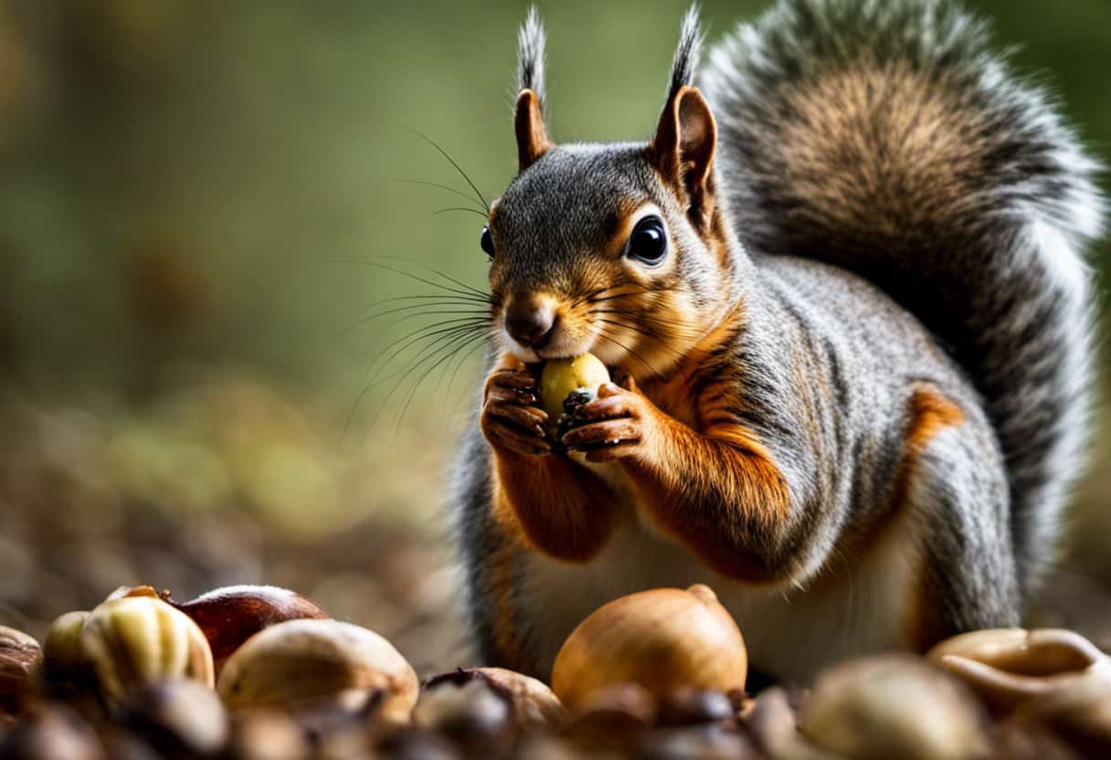 An image showcasing a squirrel nibbling on a cashew, only to reveal its fragile, calcium-deficient bones