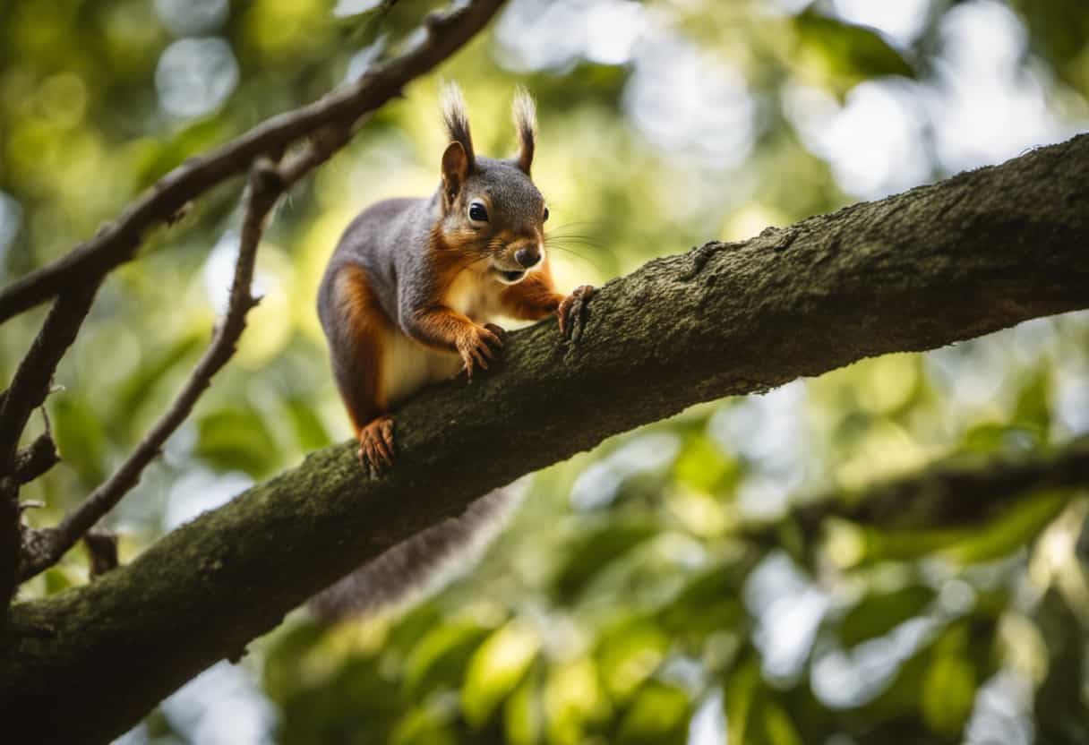 An image showcasing a curious squirrel, perched on a tree branch, hesitantly reaching out to sniff a cashew nut held in its tiny paws, highlighting the unsuitability of cashews as a non-natural food for squirrels