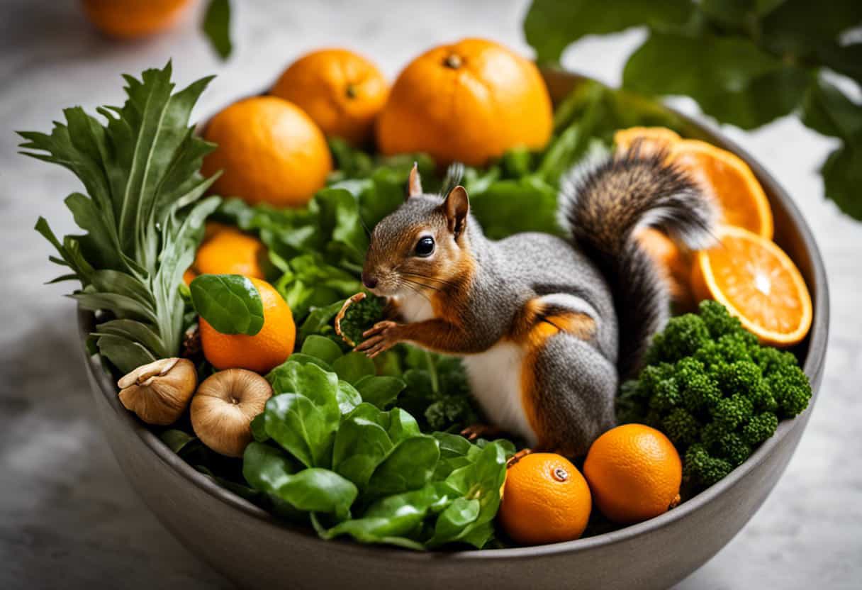 An image showcasing a vibrant assortment of leafy greens, juicy oranges, and a handful of cashews arranged in a squirrel's feeding bowl