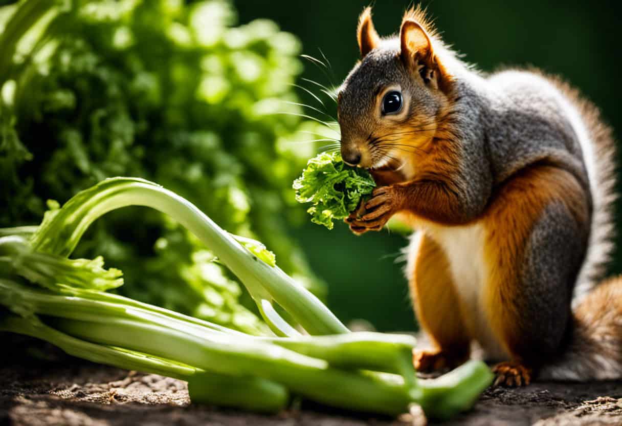 An image showcasing a vibrant squirrel gracefully nibbling on a crisp celery stalk, highlighting the vibrant green color of the vegetable and the squirrel's delight in enjoying the nutritional benefits it offers