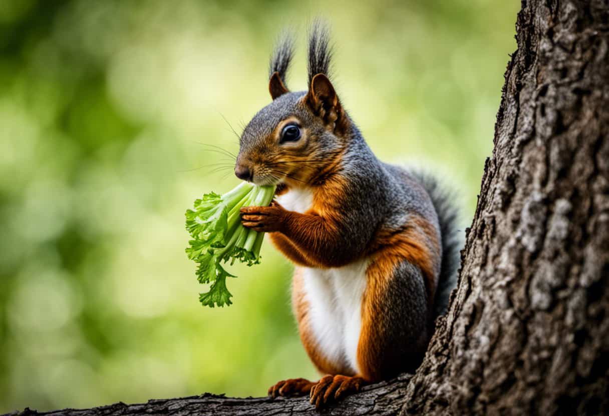 An image showcasing a vibrant squirrel perched on a tree branch, nibbling on a crisp celery stalk, highlighting the nutritional benefits and significance of celery in a squirrel's diet