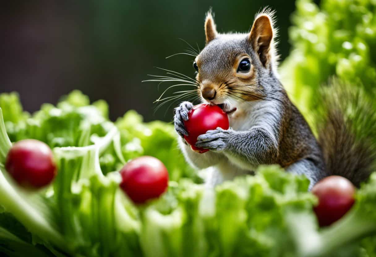 An image showcasing an adorable squirrel nibbling on a crisp, green celery stalk