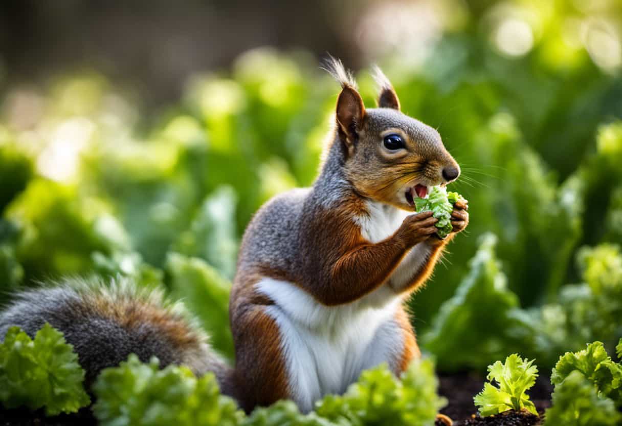 An image showcasing a healthy squirrel happily nibbling on a crisp stalk of celery, highlighting their ability to safely enjoy this crunchy green treat while capturing the essence of their delight and satisfaction