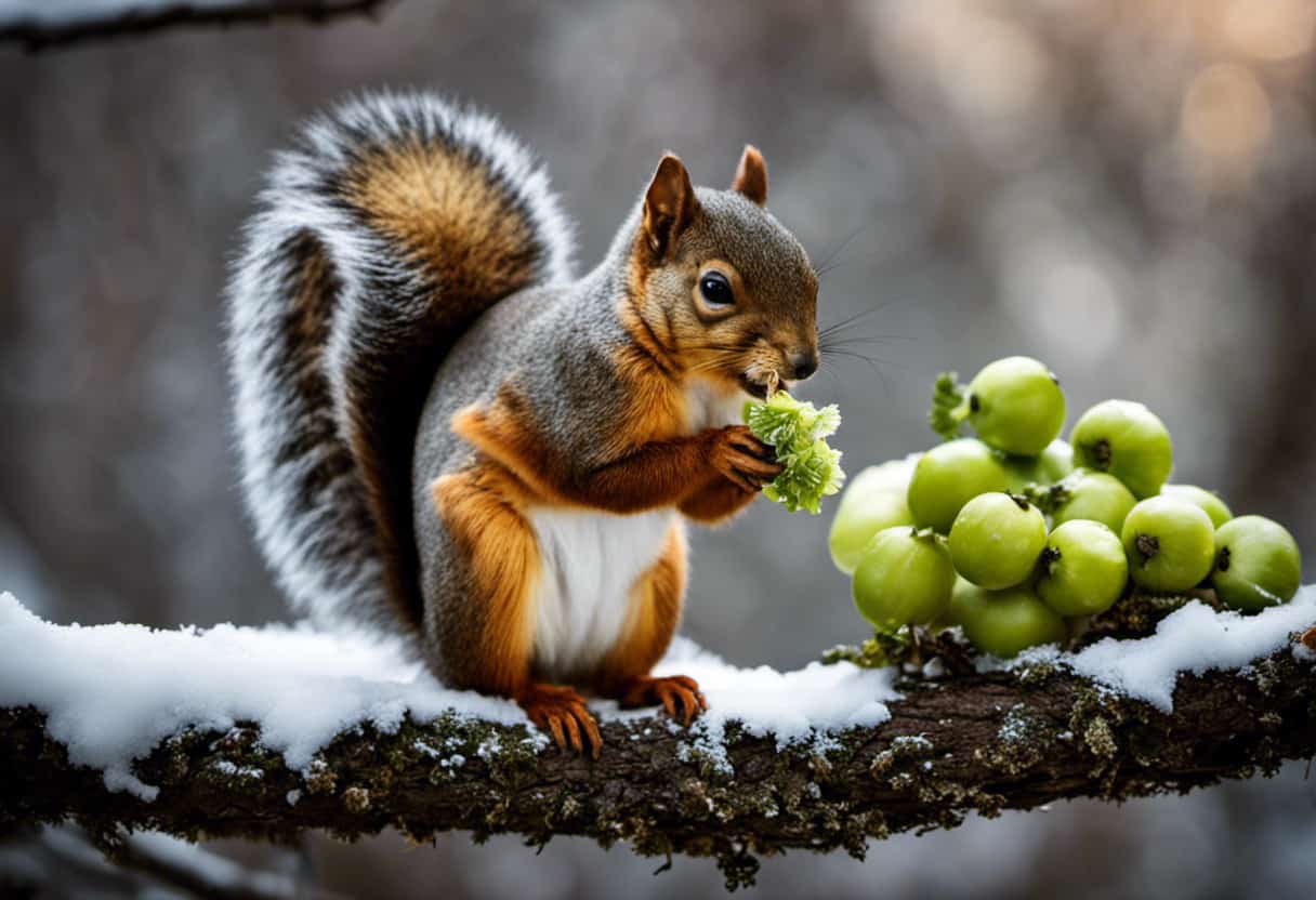 An image showcasing a fluffy squirrel perched on a tree branch, nibbling on a crisp celery stalk while surrounded by a variety of other squirrel-friendly foods like nuts, berries, and seeds