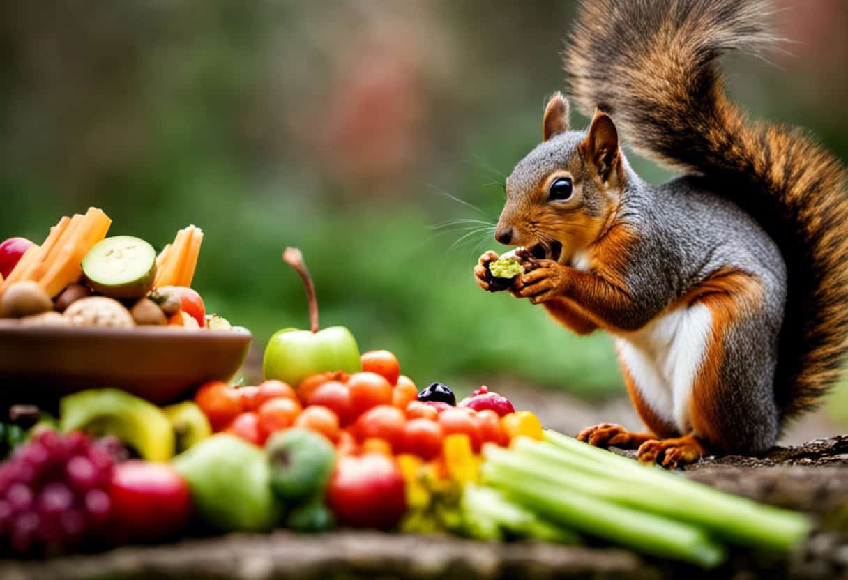 An image capturing the joyous moment of a squirrel nibbling on a crisp celery stick, surrounded by a vibrant array of other squirrel-friendly foods such as nuts, fruits, and vegetables