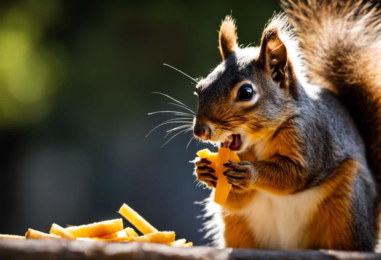 An image showcasing a curious squirrel cautiously nibbling a french fry, only to reveal its unhealthy consequences